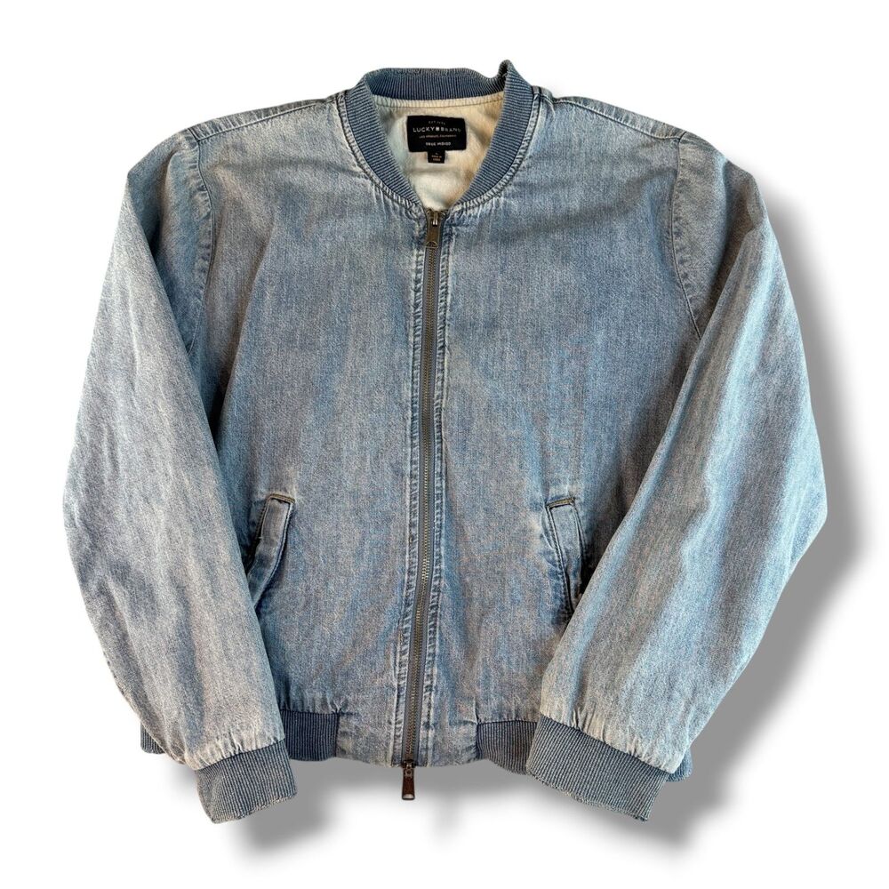 Lucky Brand True Indigo Light Wash Denim Bomber Jacket Size L 100% Cotton Casual